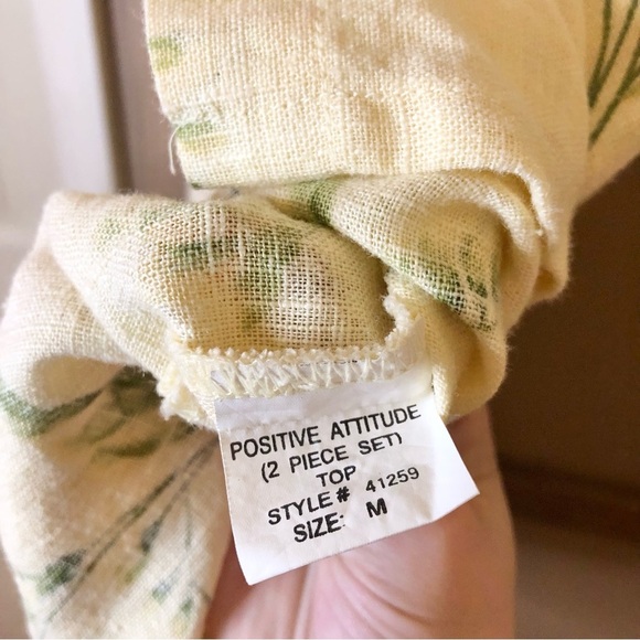 Positive attitude Vintage linen Floral Button Hooded Shirt Yellow Cream medium - Picture 4 of 6
